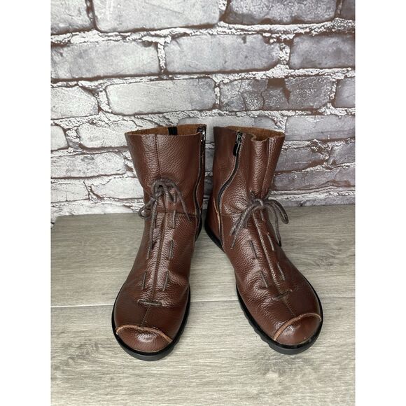 Hin Rui VTG Brown Leather Ankle Boots Rope Laces Side Zip Women 8.5M US/39EU 250 - Picture 15 of 16
